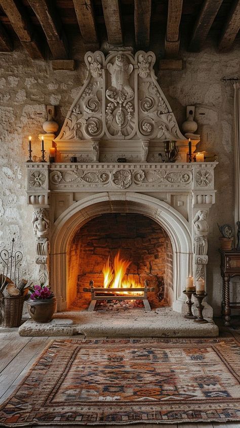 Traditional stone fireplace in a rustic room with warm glowing flames, ornate carvings, and cozy decor. Ideal for traditional interior design enthusiasts. Giant Fireplace, English Cottage Fireplace, Medieval Fireplace, Massive Fireplace, Fireplace Old, Castle Fireplace, Slab Fireplace, Manor House Interior, Carved Stone Fireplace