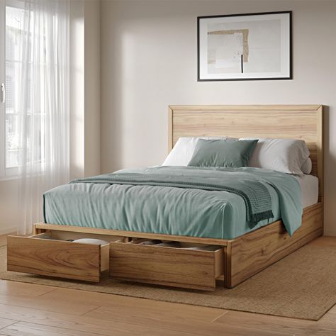 PRICES MAY VARY. CLEAN LINES AND MITERED CORNERS - Keep it simple, keep it sleek. The DG Casa Colten Queen Storage bed makes clean lines and sharp design look oh so fine! The natural wood grain of this storage bed with headboard brings out the best of simplicity through expert craftsmanship. STRATEGIC STORAGE BED – The two storage drawers on the footboard of this queen size bed frame provide ample space to hold all your extras. Shoes, slippers, pjs, bed linens, or extra chargers for when your ph Wooden Bed Frame With Storage, Bed Frame With Storage Drawers, Tall Bed Frame, Wooden Bed With Storage, Queen Storage Bed, Simple Bed Frame, Platform Bed With Drawers, Bed Frame With Drawers, Bed With Headboard