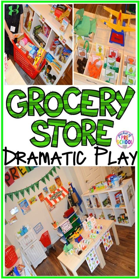 Grocery Store dramatic play! How to set it up and add literacy and math opportunities to the grocery store in your preschool, pre-k, and kindergarten classroom. Store Dramatic Play, Grocery Store Dramatic Play, Play Grocery Store, Play Preschool, Dramatic Play Themes, Purposeful Play, Dramatic Play Preschool, Dramatic Play Area, Preschool Centers