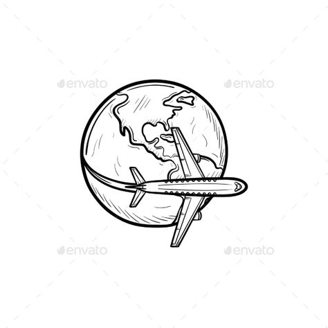 Airplane Flying Around the World #Airplane, #Flying, #World Travel Drawing Sketches, Airplane Sketch, World Drawing, Airplane Icon, Airplane Tattoos, Airplane Drawing, Travel Journal Scrapbook, Airplane Flying, World Icon