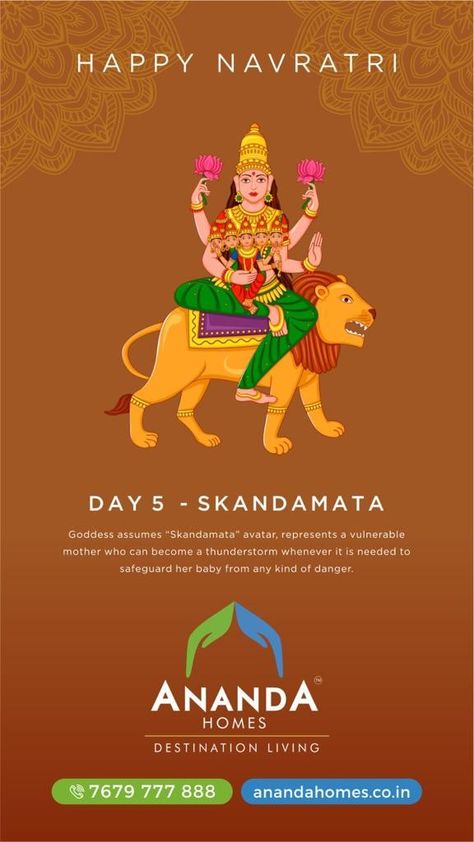 HAPPY NAVRATRI DAY 5 - SKANDAMATA Goddess assumes "Skandamata" avatar, represents a vulnerable mother who can become a thunderstorm whenever it is needed to safeguard her baby from any kind of danger. Day 5 Navratri Goddess, Day 5 Navratri, Navratri Goddess, Spiritual Style, Interior Design Instagram, Happy Navratri, Avatar, How To Become, Spirituality