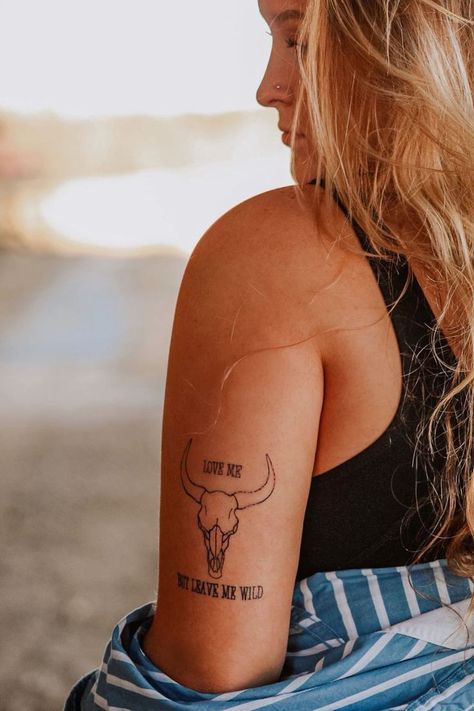 Stay Wild Tattoos For Women, Highland Cow Outline Tattoo, Western Cow Skull Tattoo, Hand Tattoos For Women Western, Tiny Western Tattoos For Women, Country Girl Tattoos For Women, Women Western Tattoos, Saddle Tattoo, Western Best Friend Tattoos