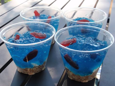 kids, party food, swedish fish, blue Ocean Snacks, Blue Jello, Vanilla Wafer, Fish Bowls, Kid Recipes, School Breakfast, Kid Snacks, Swedish Fish, Vbs Ideas