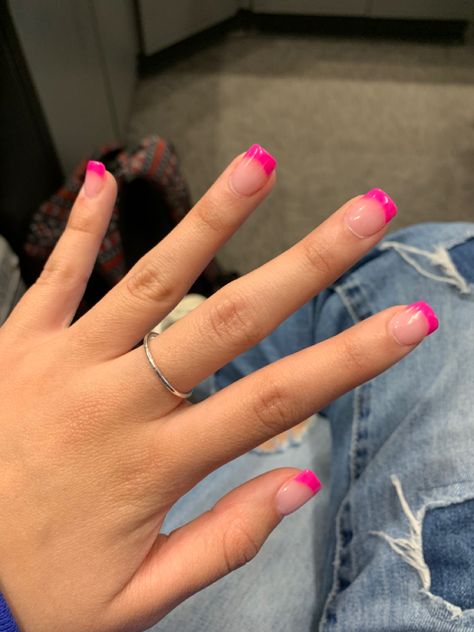 Preppy Nail French Tip, Hot Pink French Nails Square, Purple Nails With Pink Tips, Hot Pink Tip Nails Square, Hot Pink French Tip Nails Coffin Short, Kids French Tip Nails Short, Short Coffin Hot Pink Nails, Neon Pink Tips Nails, Hot Pink And White French Tip Nails