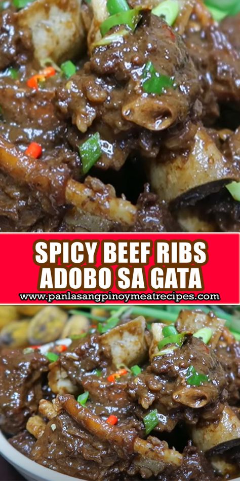 Spicy Beef Ribs Adobo Sa Gata is a delectable Filipino dish featuring tender beef ribs cooked in a flavorful blend of soy sauce, coconut milk, and spices. #SpicyBeefRibs #AdoboSaGata Adobo Ribs Filipino, Filipino Beef Recipes, Adobo Sa Gata, Asian Ramen Noodle Salad, Asian Ramen, Ramen Noodle Salad, Beef Ribs Recipe, Filipino Recipe, Panlasang Pinoy