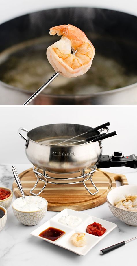 Shrimp Fondue Recipe, Oil Fondue Recipes, Shrimp Fondue, Fondue Dinner Party, Oil Fondue, Broth Fondue Recipes, Fondue Broth, Recipe For Shrimp, Fondue Dinner