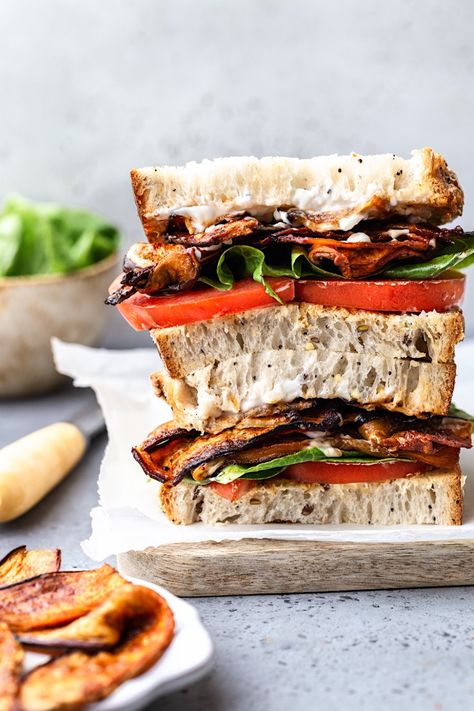 Vegan Eggplant BLT Sandwich - Cupful of Kale Vegan Focaccia Sandwich, Vegan Sandwich Ideas, Ultimate Blt, Eggplant Bacon, Blt Recipe, Struggle Meals, Eggplant Sandwich, Blt Recipes, Recipe Eggplant