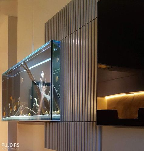 Wall Fishtank Ideas, Interior Design Fish Tank, Living Room Aquarium Ideas, Fish Tank Wall Aquarium Design, Fish Tank On Wall, Wall Fish Tank Ideas, Wall Aquarium Living Rooms, Fish Aquarium Ideas For Living Room, Home Aquarium Living Rooms