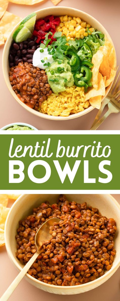 chipotle lentil burrito bowls with toppings Easy Mexican Bowl, Lentil Burrito Recipes, Taco Bowls Healthy Vegetarian, Lentil Burrito Bowl, Vegetarian Recipes Bowls, Lentil Taco Bowl, Mexican Meal Prep Ideas, Lentil Bowls Healthy, Healthy Crockpot Meals Vegetarian