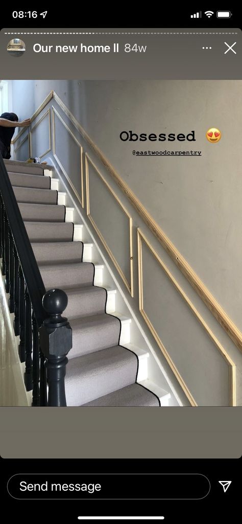 Stairs Wall Panelling Design, Stair Color Ideas Stairways, Staircase Paneling Ideas, Stair Panelling, Stairs And Landing Ideas, Staircase Molding, Hallways Ideas, Staircase Paneling, Stairs And Hallway Ideas