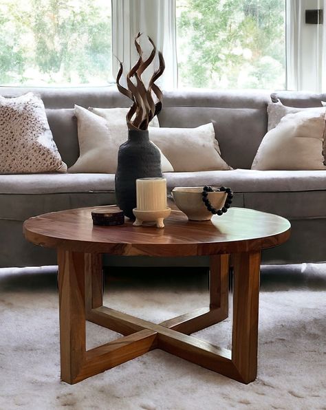 **Order by 2:00pm to qualify for same day shipping!! Spoil yourself and your home with our solid all hardwood round coffee table! Constructed from solid Acacia hardwood (Yep, no hollow wood on this piece!) and hand crafted by artisans, it will certainly be a timeless keepsake treasured for many years. Details: - 100% Solid Acacia Hardwood - 1 1/2" thick table top - Diameter: 36" - Height: 18" - Some assembly required (tools included) FAST and FREE shipping! This item will ship 1-3 days after the order is received.  Free shipping is only eligible to the lower 48 states and DOES NOT include Alaska and Hawaii or any address that does not have a physical address (P.O./APO boxes). If you are receiving in AK or HI please reach out to us for a custom shipping quote.  Customization for this item i Modern Wood Coffee Table Round, Hardwood Coffee Table, Round Coffee Table Rustic, Round Coffee Table Decor, Wine Lounge, Cherry Coffee Table, Round Coffee Table Living Room, Natural Wood Coffee Table, Woodwork Plans