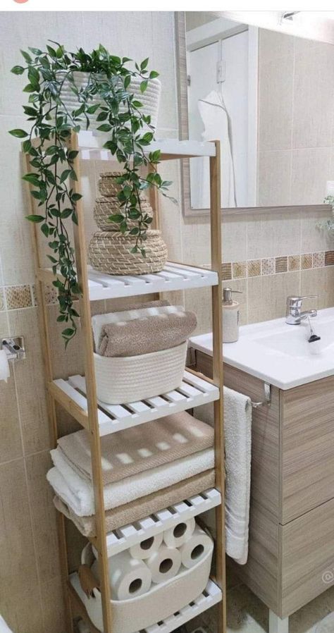 Sink With No Counter Space, Eucalyptus Bathroom Decor Ideas, Ways To Store Towels In Bathroom, Spa Inspired Bathroom Small, Bathroom Bamboo Decor, Gender Neutral Apartment Decor, Boho Bathroom Apartment, Bathroom Towel Organization, Bathroom Nature Theme