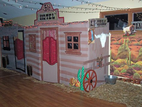 cardboard western ghost town 001 by mr.mcgroovy, via Flickr Ghost Town Decor, Rodeo Carnival, Western Ghost Town, Western Vbs, Old West Decor, Puppet Stage, Western Ghost, Wild West Theme, Wild West Party