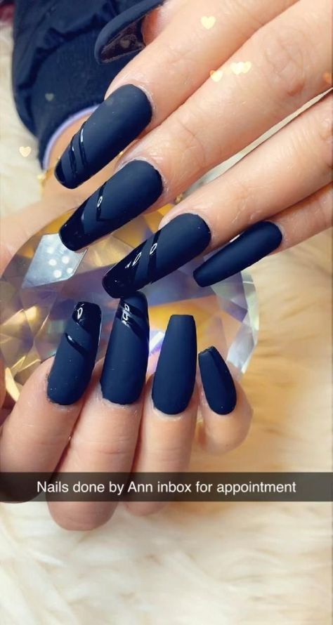 Midnight Blue Nails Matte, Navy Coffin Acrylic Nails, Blue Fall Nails 2022, Navy Blue Nail Art Designs, Matte Navy Blue Nails Design, Black Matte Nails With Glossy Tips, Matte Dark Blue Nails, Dark Blue Matte Nails, Matt Blue Nails