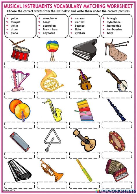 Musical instruments - vocabulary Music Vocabulary, French Class, English As A Second Language (esl), Vocabulary Worksheets, English As A Second Language, Music Class, Grade 4, School Subjects, Musical Instruments