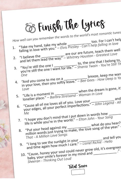 Spice up your bridal shower with our printable Finish the Lyrics game! Click to add a fun and musical activity. https://etsy.me/3VMn4pG Finish The Lyrics Game, Reception Games, Finish The Lyrics, Wedding Reception Games, Games Wedding, Game Wedding, Wedding Game, Bridal Games, Printable Bridal Shower Games