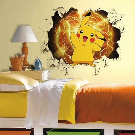 Pokemon Bedroom, Pokemon Decor, Boys Wall Stickers, Pokemon Room, Broken Wall, Pikachu Pikachu, Wall Sticker Design, Boys Bedroom Makeover, Pikachu Plush