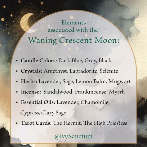 🌘✨ Enhance Your Waning Crescent Moon Rituals with These Elements ✨🌘 These elements align with the Waning Crescent Moon's themes of introspection, healing, divination, and preparation for the new beginnings of the New Moon. Use them to deepen your rituals and connect with the energies of this phase: 🕯️ Candle Colors: Dark Blue for deep introspection and calming the mind, Grey for spiritual reflection and to neutralize and balance energies, Black for protection as you transition into the New ... Waning Moon Magic, Wanning Crescent Moon Ritual, Waning Crescent Moon Ritual, Spiritual Offerings, Moon 2024, Cycle Health, Waning Crescent Moon, Witchy Journal, Candle Colors