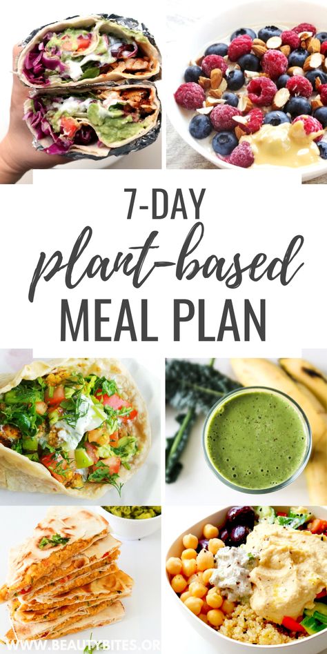 7-Day Vegan Meal Plan & Challenge - Beauty Bites 1200 Calorie Diet Meal Plans, Tacos Vegan, Plant Based Diet Meals, Vegan Meal Plan, Plant Based Diet Meal Plan, Vegan Grocery List, Plant Based Meal Planning, Vegetarian Meal Plan, Vegan Grocery