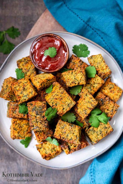 Kothimbir Vadi - Shweta in the Kitchen Quick Indian Snacks, Kothimbir Vadi, Gluten Free Snacks Recipes, Green Chutney, Gram Flour, Indian Breakfast, Chickpea Flour, Free Snacks, Indian Snack Recipes