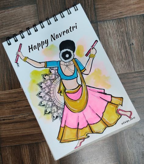 Navratri Drawing Painting, Navratri Doodle Art, Navratri Spacial Drawing, Drawing On Navratri, Indian Festival Drawing Easy, Navratri Drawing Ideas Mandala, Navratri Painting Ideas Easy, Navratri Art Painting, Navratri Easy Drawing