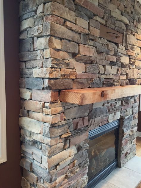 Stacked Stone Wall Outdoor, Drystack Stone Fireplace, Ledge Stone Fireplace, Lake Porch, Faux Stone Fireplaces, Rustic Farmhouse Fireplace, Grey Stone Fireplace, Stone Veneer Fireplace, Stone Fireplace Makeover