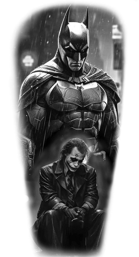 Design Tattoo Black And Grey, Black N Grey Tattoo Design, Dc Comic Tattoo, Black And Grey Tattoo Design Realistic, Comics Tattoo Ideas, Joker Art Tattoo, Realist Tattoos, Batman Tatoos, Batman And Joker Tattoo