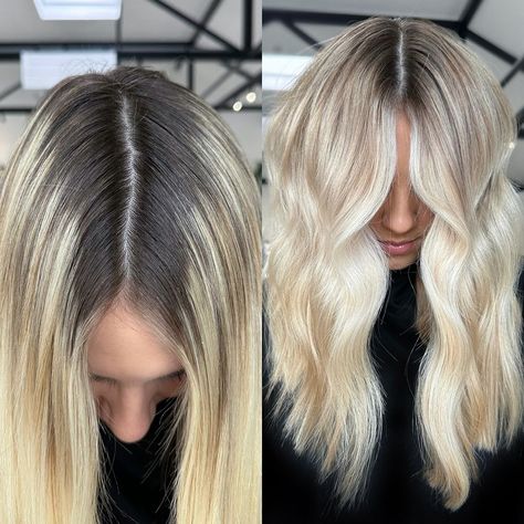 The perfect crisp, winter blonde inspo from @hairbylollyjaye using Shades EQ 
Lowlight: 05N 06N 06G
Root Shadow: 06N 06G 06T
Global Gloss: 09VG 09N Shadow Root Blonde Shades Eq, Shadow Root Blonde Redken Formula, Level 10 Blonde With Shadow Root, Full Highlight Shadow Root, Bleach And Tone Hair Shadow Root, Redken Blonde, Winter Blonde, Root Shadow, Ghd Hair