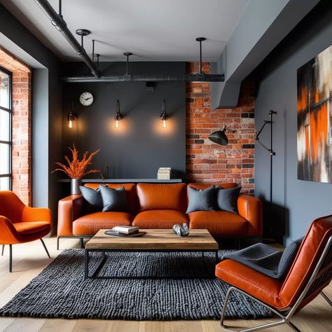 27 Stunning Burnt Orange Living Room Ideas for a Warm and Inviting Space - Style Zuri Burnt Orange And Gray Living Room, Orange And Black Office, Navy Blue And Orange Living Room, Burnt Orange Living Room Ideas, Orange Accents Living Room, Orange Living Room Ideas, Blue And Orange Living Room, Orange Leather Sofas, Burnt Orange Living Room