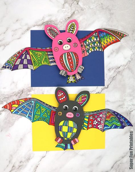 3D Bat Doodle Art - The Craft Train Bat Doodle, Scary Halloween Crafts, Snake Crafts, Bat Craft, Insect Crafts, Animal Art Projects, Fun Projects For Kids, Bats Halloween, Bat Pattern