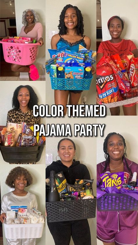 Pink Party Basket Ideas, Color Themed Sleepover, Lady’s Night Ideas, Birthday Night In Ideas, Pajama Game Night Party Ideas, Ladies Night Color Party, Sleep Over Themed Birthday Party, Girls Night Color Theme Food, Color Party Ideas For Adults Pink