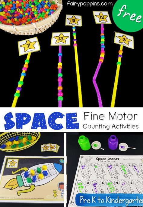 These FREE space counting activities help kids develop their fine motor and counting skills. They focus on the numbers 1 to 20. #tenframes #countingactivities #countingworksheets #preschoolmath #kindergartenmath #spaceunit #spacetheme #handsonmath #freeprintables #homeschool Space Fine Motor, Space Activities Preschool, Space Lesson Plans, Outer Space Activities, Solar System Activities, Space Theme Preschool, Kindergarten Math Centers, Space Activities For Kids, Space Lessons