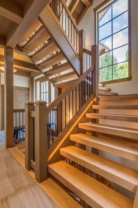 The Rossland Timber Frame Design - Streamline Design 3 Level Staircase, Timber Frame Entry, Mountain Home Staircase, Timber Frame Stairs, Timber Railing, Timber Frame Living Room, Terrace Stairs, Timber Frame Home Interiors, Timber Frame Cabin Plans