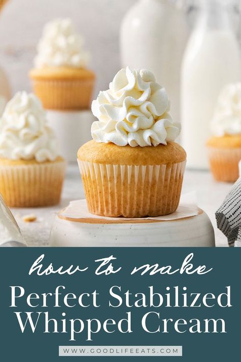 Stabilized Whipped Cream holds its shape for longer than traditional whipped cream and is perfect for decorating cakes and pies for special occasions. Learn how to stabilize whipped cream with gelatin, plus 4 other easy methods! Stabilized whipped cream is just whipped cream with an extra ingredient added to help the cream hold its shape and stay light and fluffy for longer periods of time. Make your own Stabalized Whip Cream! | @goodlifeeats Whipped Cream With Gelatin, Whipped Cream Frosting Cake, Stabilize Whipped Cream, Whipped Icing Recipes, Icing Recipe For Cake, Whipped Cream Frosting Recipe, Perfect Whipped Cream, Cakes And Pies, Whipped Icing