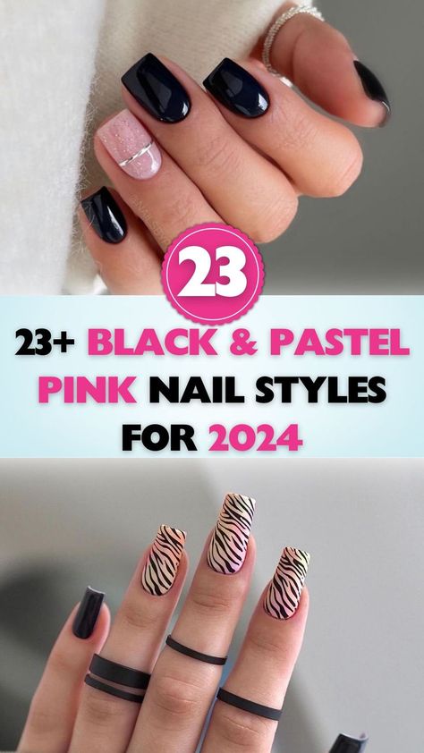 Looking for a sophisticated nail update? Check out these black and pastel pink nail styles that are defining 2024's beauty trends. Gel Nail Designs Black And Pink, Black White And Pink Nails Short, Gel Nails Black And Pink, Short Nail Pink Designs, Pink And Grey Nails Designs Classy, Blush And Black Nails, Pink Nails With Black Accent, Black And Pink Nails Designs, Black And Pink Dip Nails