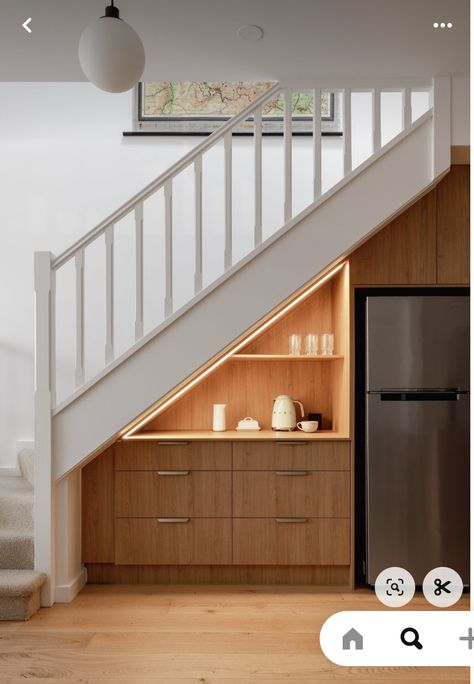 Under The Stair Cupboard Ideas, Kitchen Storage Under Stairs, Under Stair Cupboards, Nook Under Stairs Ideas, Kitchen Under Stairs Ideas, Kitchen Near Stairs, Appliance Nook, Under Stairs Kitchen, Under Stairs Design