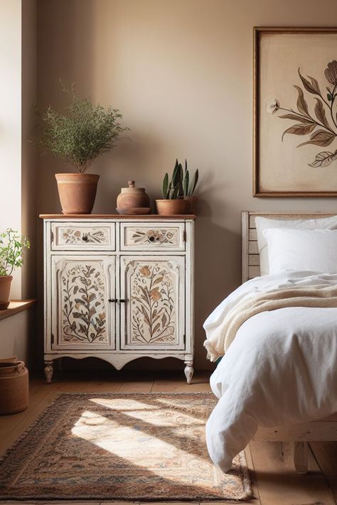 Transform your bedroom into a rustic, cottagecore dream with this hand-painted floral and vegetal motif cabinet. This piece of furniture is a work of art and it's perfect for adding a touch of whimsy and charm to your bedroom. The intricate hand-painted design is sure to catch the eye, and it will provide you with a place to store your belongings in style. #hand-paintedfurniture, #bedroomcabinet, #cottagecore, #rustic, #floral, #vegetal, #whimsy, #storage Modern Cottagecore Furniture, Cottage Core Bedside Table, Whimsy Bedroom, White Washed Bedroom Furniture, Cottagecore Furniture, Thrift Flip Furniture, Cottagecore Bedroom Ideas, Rustic Cottagecore, Flip Furniture