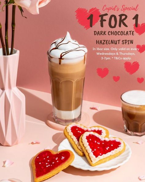 Spinelli Coffee Company Singapore 1-for-1 Valentine's Day Promotion 13 Feb - 7 Mar 2019 Valentines Day Product Photography, Valentine Promotion, Valentine Drinks, Valentine Cocktails, Valentines Day Coffee, Valentine Poster, Food Promotion, Dessert Photography, Coffee Valentines