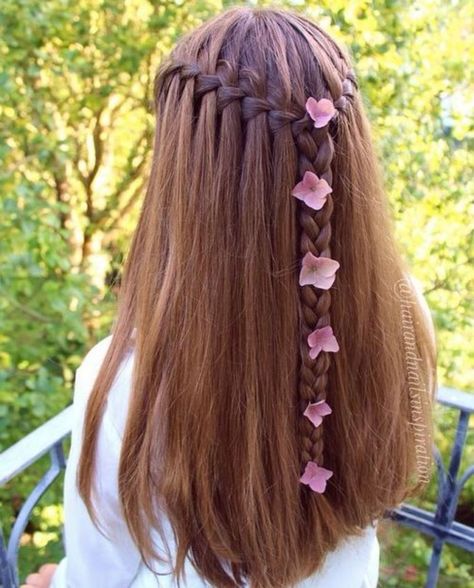 half updo with waterfall braid Cute Girl Hairstyles, Waterfall Braid Hairstyle, Braid Half Up Half Down, Up Hairdos, Chunky Braids, Braided Half Up, Loose Braids, Lace Braid