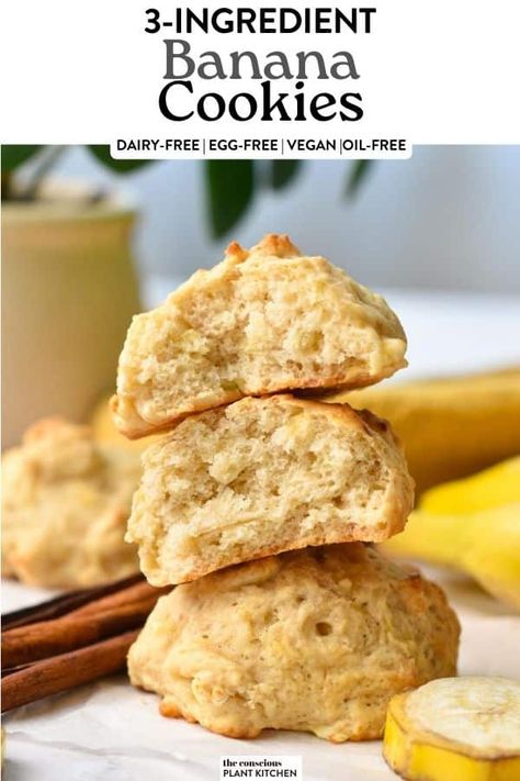 These easy 3-ingredient banana cookies are soft, chewy, easy banana drop cookies, 100% vegan, refined sugar-free, and oil-free. Banana Cookies Vegan, Cookie Recipe With Oil, 3 Ingredient Banana Cookies, Vegan Banana Cookies, Conscious Plant Kitchen, Banana Recipes Easy, Banana Cookie Recipe, Easy Vegan Cookies, Ripe Banana Recipe