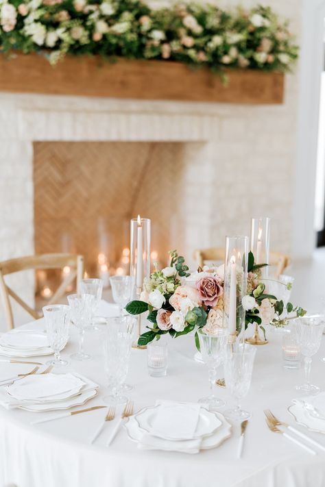 Wedding Table With Taper Candles, Mixed Candles Wedding, Round Table Wedding Set Up, Wedding Taper Candles, Timeless Wedding Reception, Round Table Centerpieces Wedding, Floral Candle Centerpieces, Taper Candle Centerpiece, Taper Candles Wedding