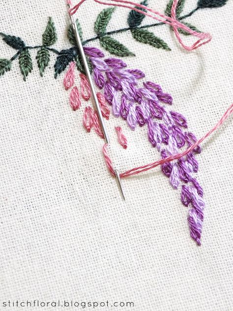 Hand embroidered Wisteria: Free PDF pattern & tutorial Crewel Embroidery Patterns, Pola Bordir, Crewel Embroidery Kits, Stitch Flowers, Free Pdf Pattern, Basic Embroidery Stitches, Hand Embroidery Tutorial, Embroidery Stitches Tutorial, Pola Sulam