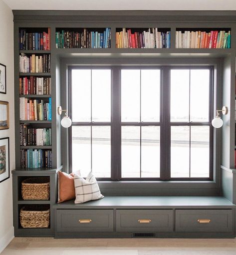 Built-In Bookshelf Frames Double-Hung Windows in Reading Nook | Pella Oakstone Homes, Window Seat Design, Office Entry, Window Benches, Home Library Design, Home Library, Window Seat, Home Office Design, Front Room