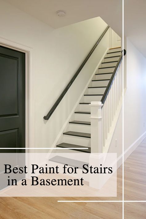 Painting Your Stairs, Finishing Basement Stairs, Painted Stair Treads, Black And White Steps, Paint For Stairs, White Painted Stairs, Small Basement Ideas Layout, Black Stair Treads, Staircase Basement