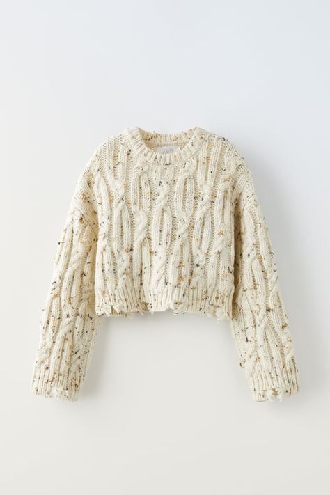 Knitwear for Girls | ZARA United States White Wide Leg Jeans, Zara Knitwear, Knitted Tops, Embroidered Sweater, Knitwear Tops, Beige Sweater, Cable Knit Sweater, Knitted Tshirt, Knit Outfit