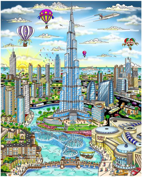 Available Now: Fazzino’s Dubai 3D Pop Art Pieces Charles Fazzino, Dubai Art, 3d Pop Art, Dubai Aesthetic, Vintage Poster Design, Sand Crafts, City Drawing, Bookshelf Design, Travel Icon