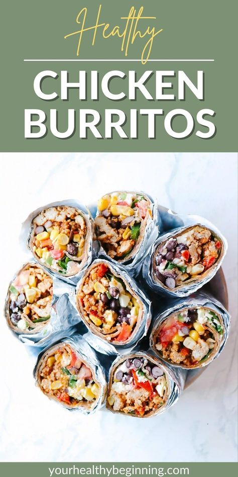 a healthy recipe for chicken burritos you can make ahead for freezer meals & meal prep Meal Prep For The Week Frozen, Make Ahead Chicken Burritos Freezer Recipes, Meal Prep Lunch Burritos, Healthy Freezer Burritos, Make Ahead Freezer Burritos, Healthy Tv Dinners, Lunch Burritos Make Ahead, Freezable Wraps Lunches, Meal Prep Frozen Burritos