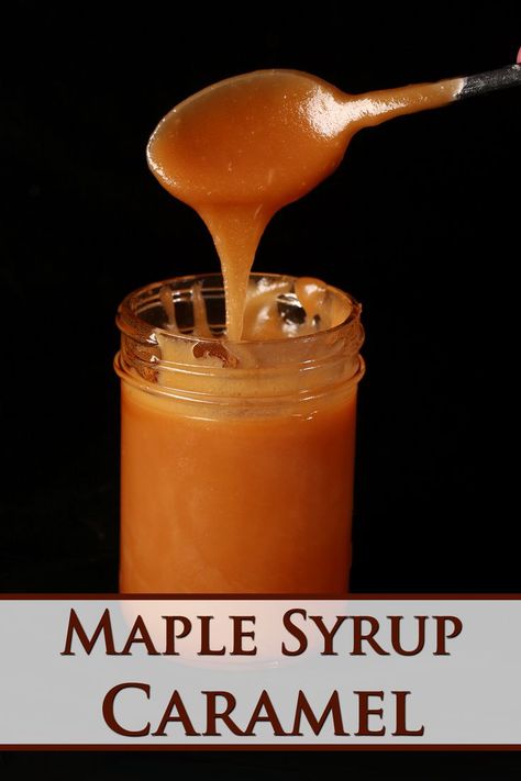 A jar of maple caramel sauce, with a spoon dripping the sauce back into the jar Butter Caramel Recipe, Butter Syrup Recipe, Maple Syrup Caramel, Diy Maple Syrup, Diy Caramel, Homemade Maple Syrup, Maple Syrup Bottles, Rhodes Rolls, Maple Caramel