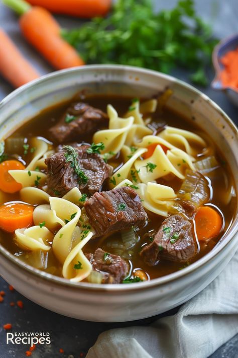 This authentic recipe German Beef Noodle Soup, or Rindfleisch-Nudelsuppe, is a hearty dish with tender beef, savory broth, and noodles. Beef Broth Noodles, Beef Broth Recipes Dinners, Beef Noodle Soup Recipes, Beef Pasta Soup, Beef Stew With Noodles, Beef And Noodle Soup, Broth And Noodles, Italian Main Dishes, Oxtail Recipes