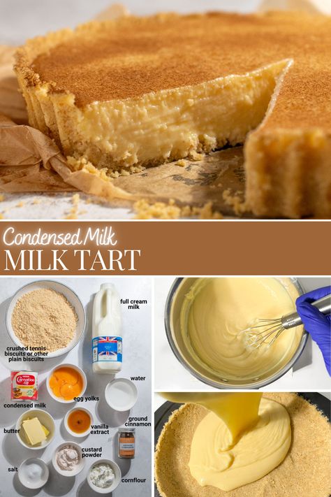 A milk tart on a white background. Milk Tart With Condensed Milk, Milk Tart South African, Easy Milk Tart Recipe, Condensed Milk Tart, South African Milk Tart, Melktert Recipe, Milk Tart Recipe, Cafe Board, Egg Tart Recipe